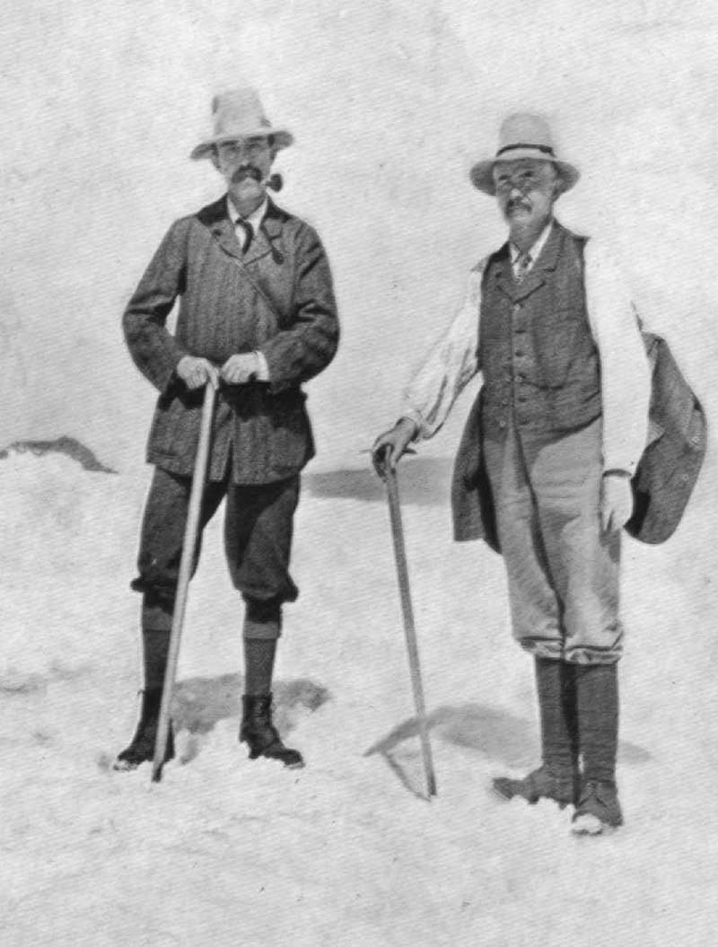 A. L. Mumm and guide Moritz Inderbinen. Mount Robson Camp on Snowbird Pass.
Photo by Frank W. Freeborn, 1913