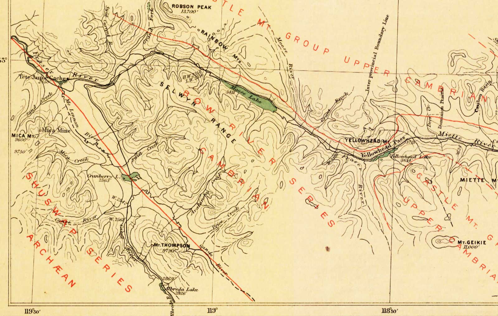 Map Showing Yellowhead Pass Route From Edmonton To Tête-Jaune Cache. 
James McEvoy, 1900. (Detail of Yellowhead Pass to Tête Jaune Cache)