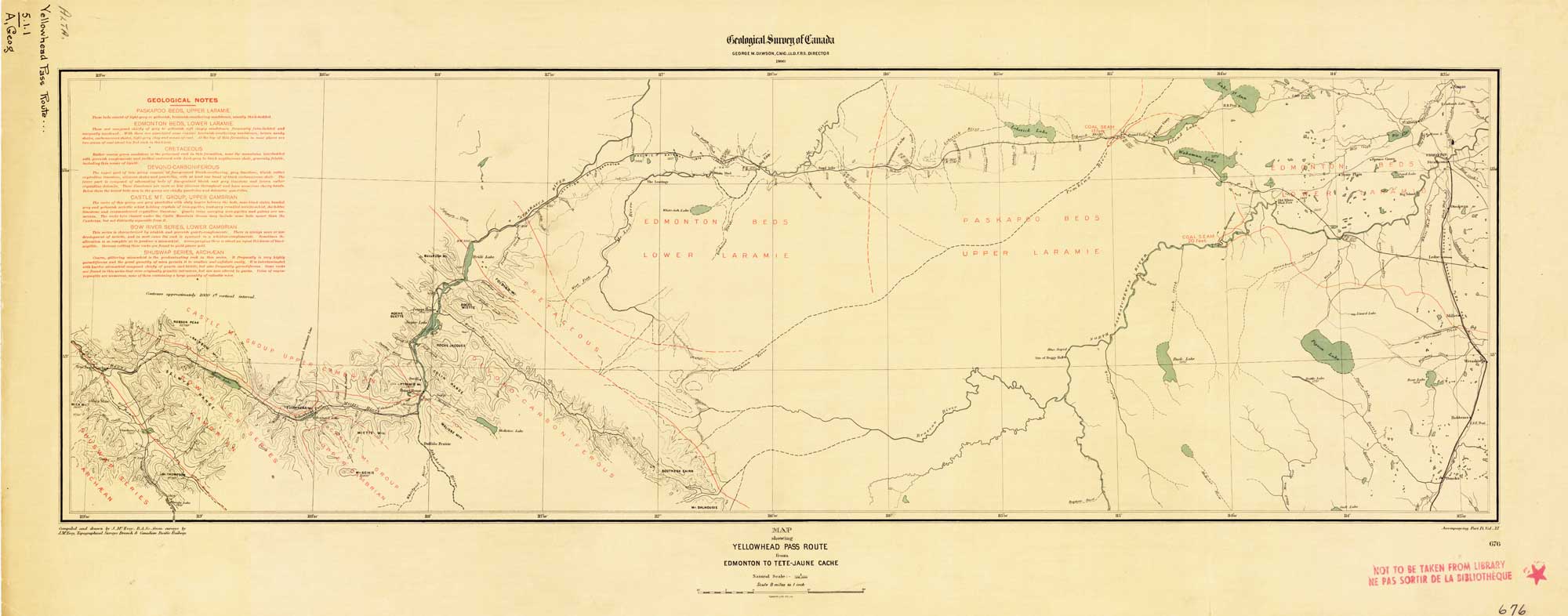 Map Showing Yellowhead Pass Route From Edmonton To Tête-Jaune Cache. James McEvoy, 1900.