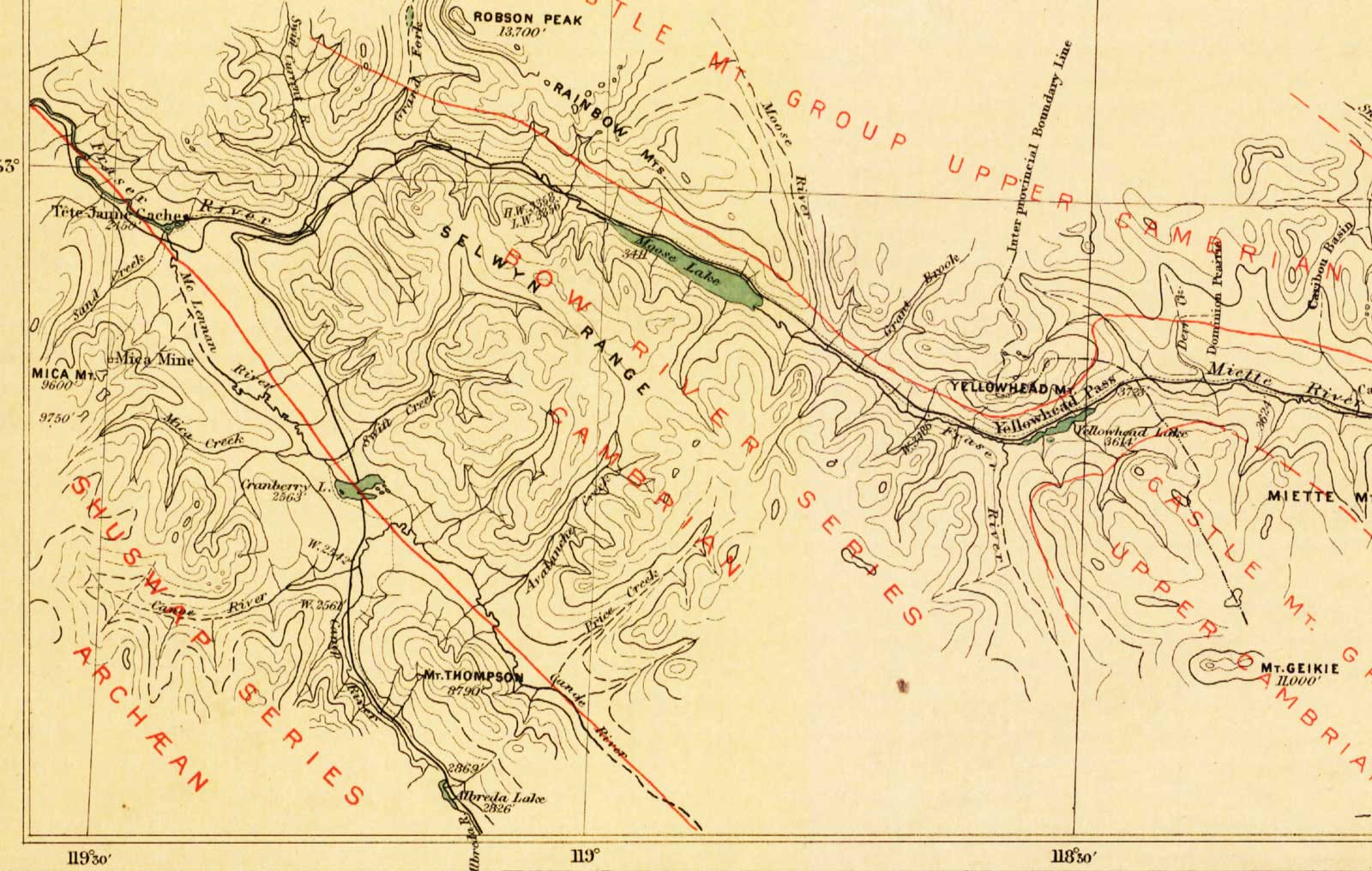 Map Showing Yellowhead Pass Route From Edmonton To Tête-Jaune Cache.
James McEvoy, 1900. (Detail of Yellowhead Pass to Tête Jaune Cache)
