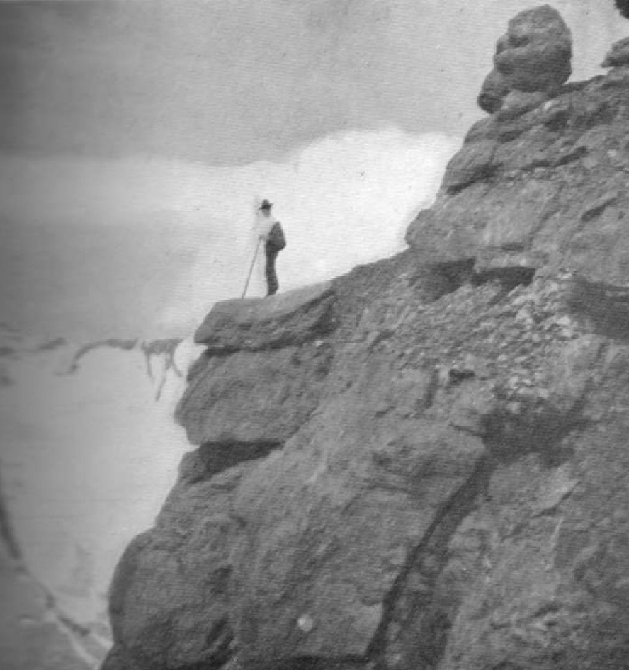 Donald Phillips on Mt. Robson at altitude 12,000 feet.
Photo: Rev. G. B. Kinney, 1909