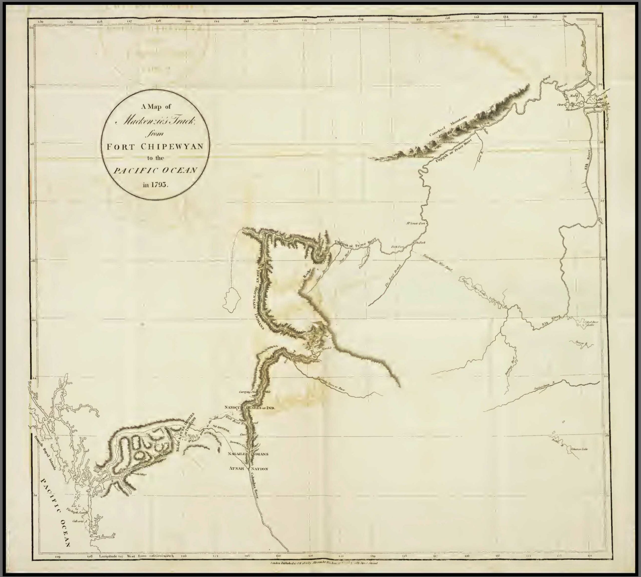 A map of Mackenzie’s track from Fort Chipewan to the Pacific Ocean in 1793