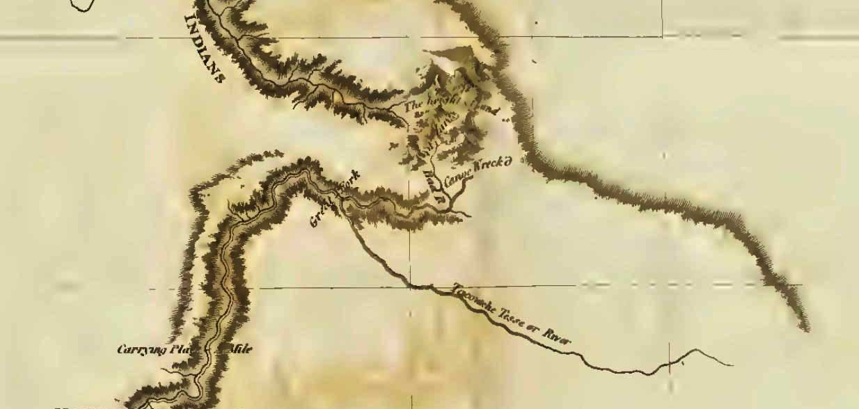 Map of Mackenzie’s track in 1793 (detail of pass through Rocky Mountains)
