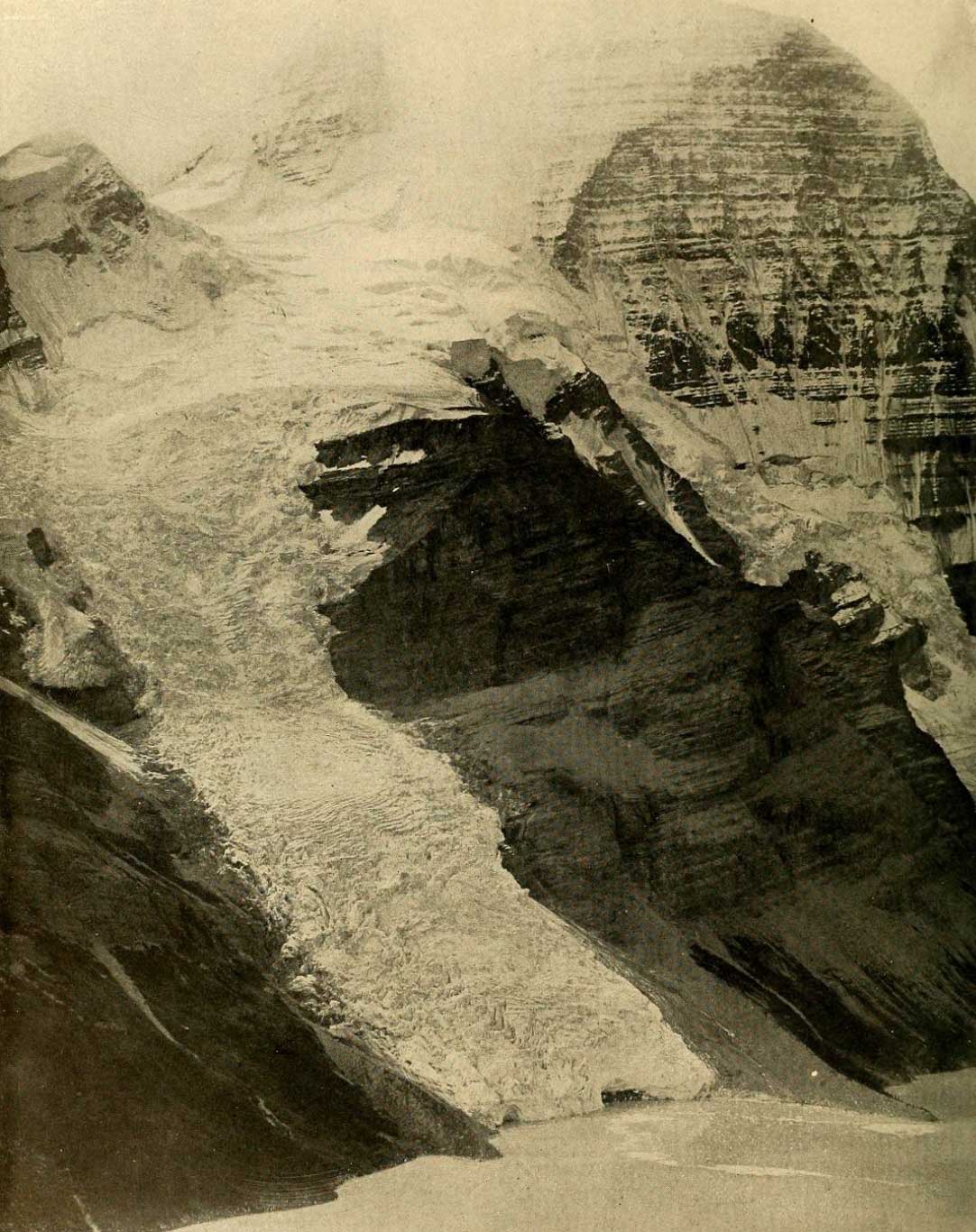 View of Blue or Tumbling Glacier from its névé on the slope of Robson Peak to where its foot enters Berg Lake, a descent of 5,000 feet. Photo: R. C. W. Lett