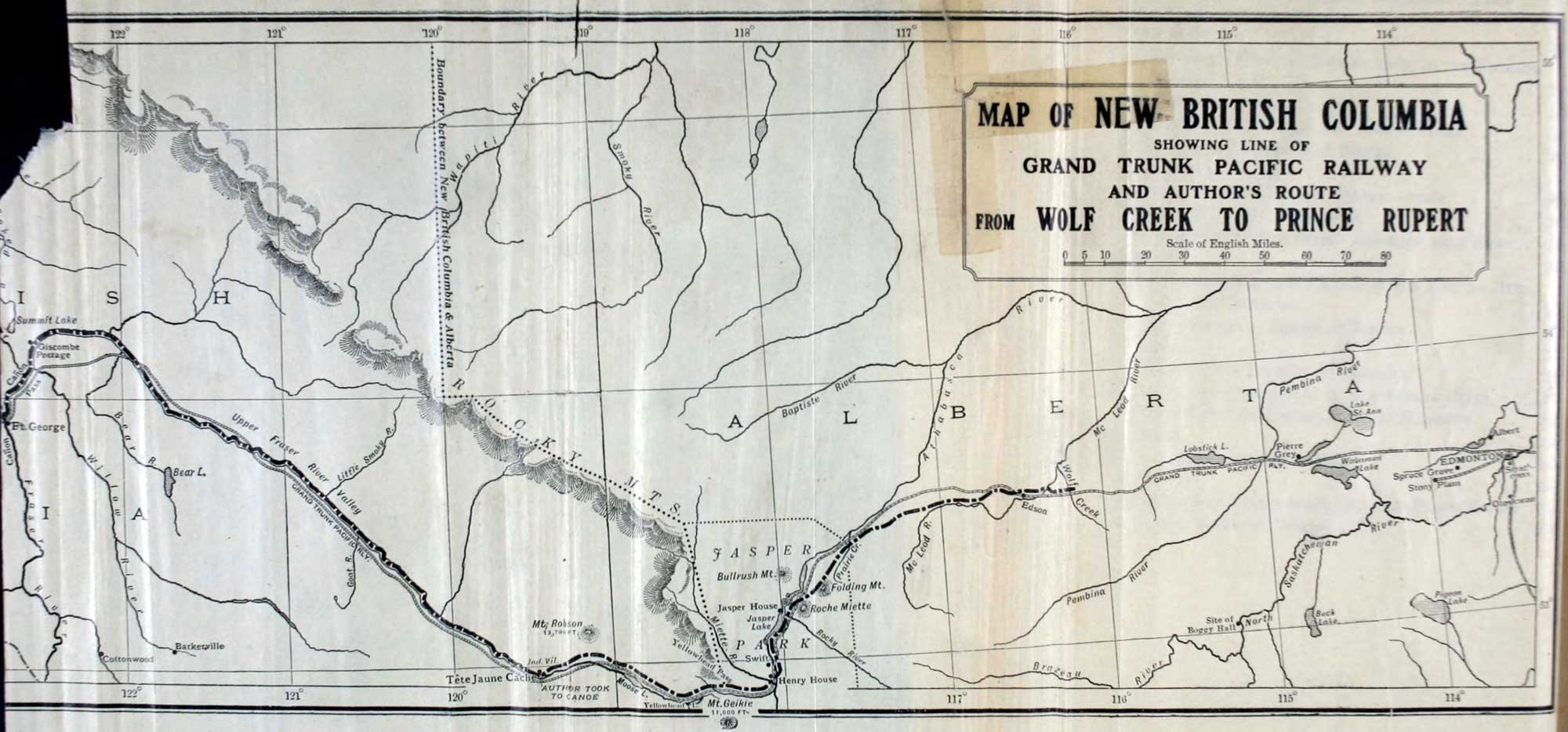 Map of New British Columbia
Showing Line of Grand Trunk Pacific Railway and Author's Route From Wolf Creek to Prince Rupert