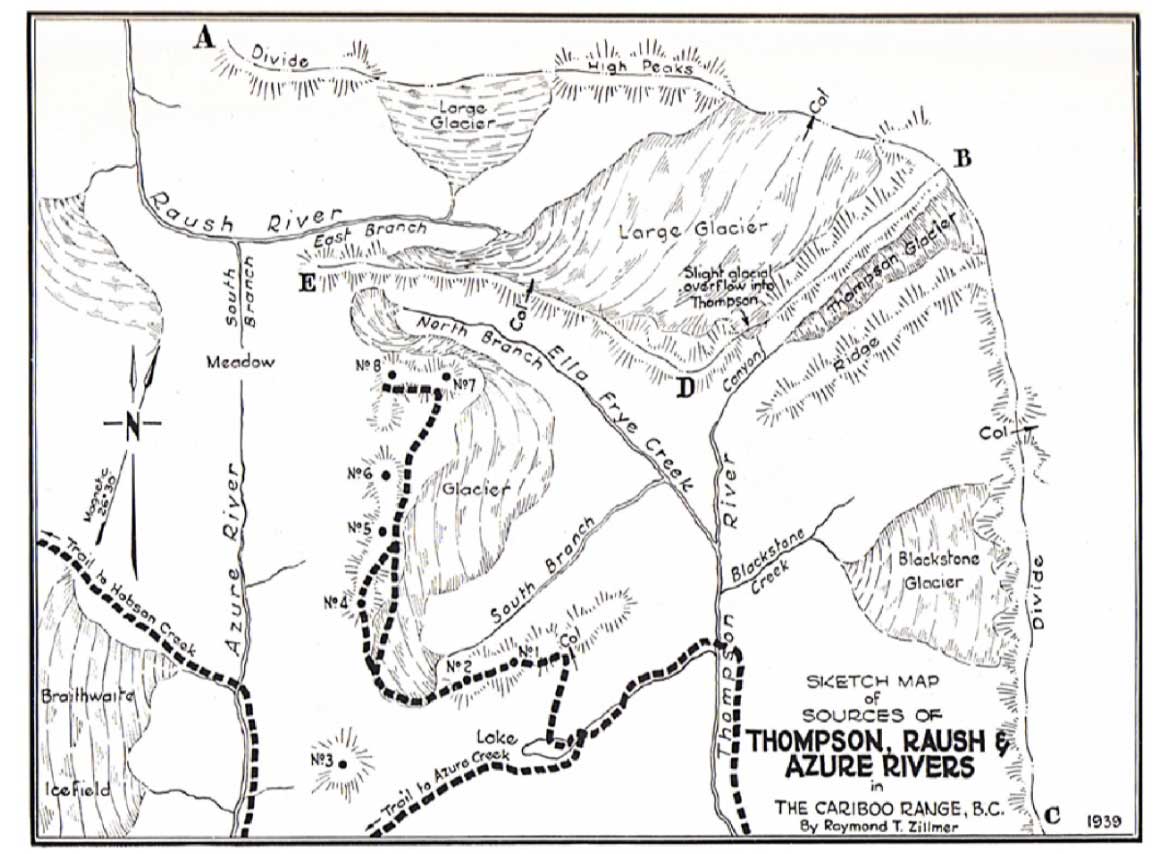 Sketch map of sources of Thompson, Raush and Azure rivers in the Cariboo Range, B.C.
Raymond T. Zillmer 1939
