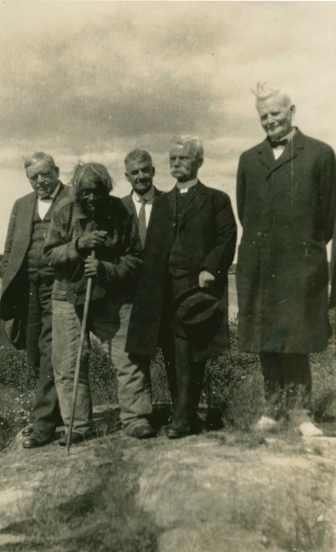 John Memeno, the last Cree Indian to remember James Evans, with church leaders at Norway House, Manitoba, 1925. Chown at the right.