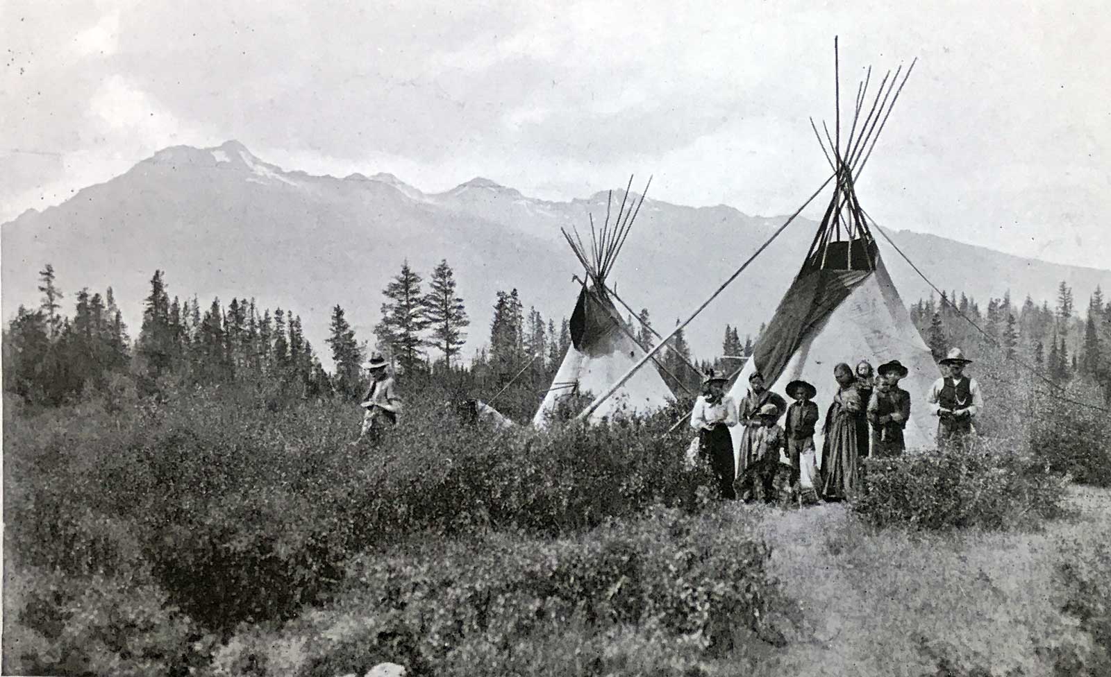 Natives at Tête Jaune Cache. A group of Shuswap Indians. 1910.
