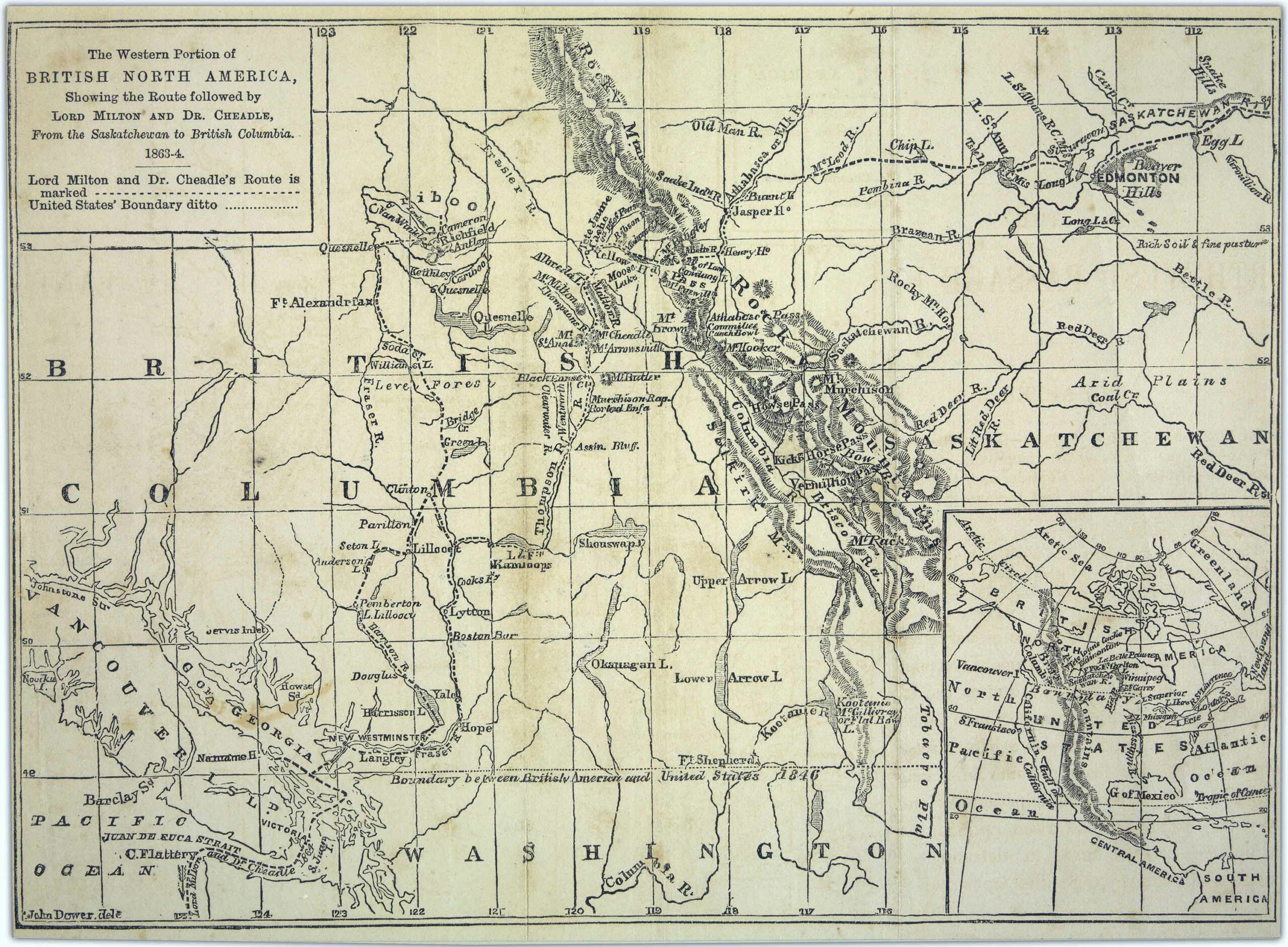 The western portion of British North America, showing the route followed by Lord Milton and Dr. Cheadle, from the Saskatchewan to British Columbia, 1863-4