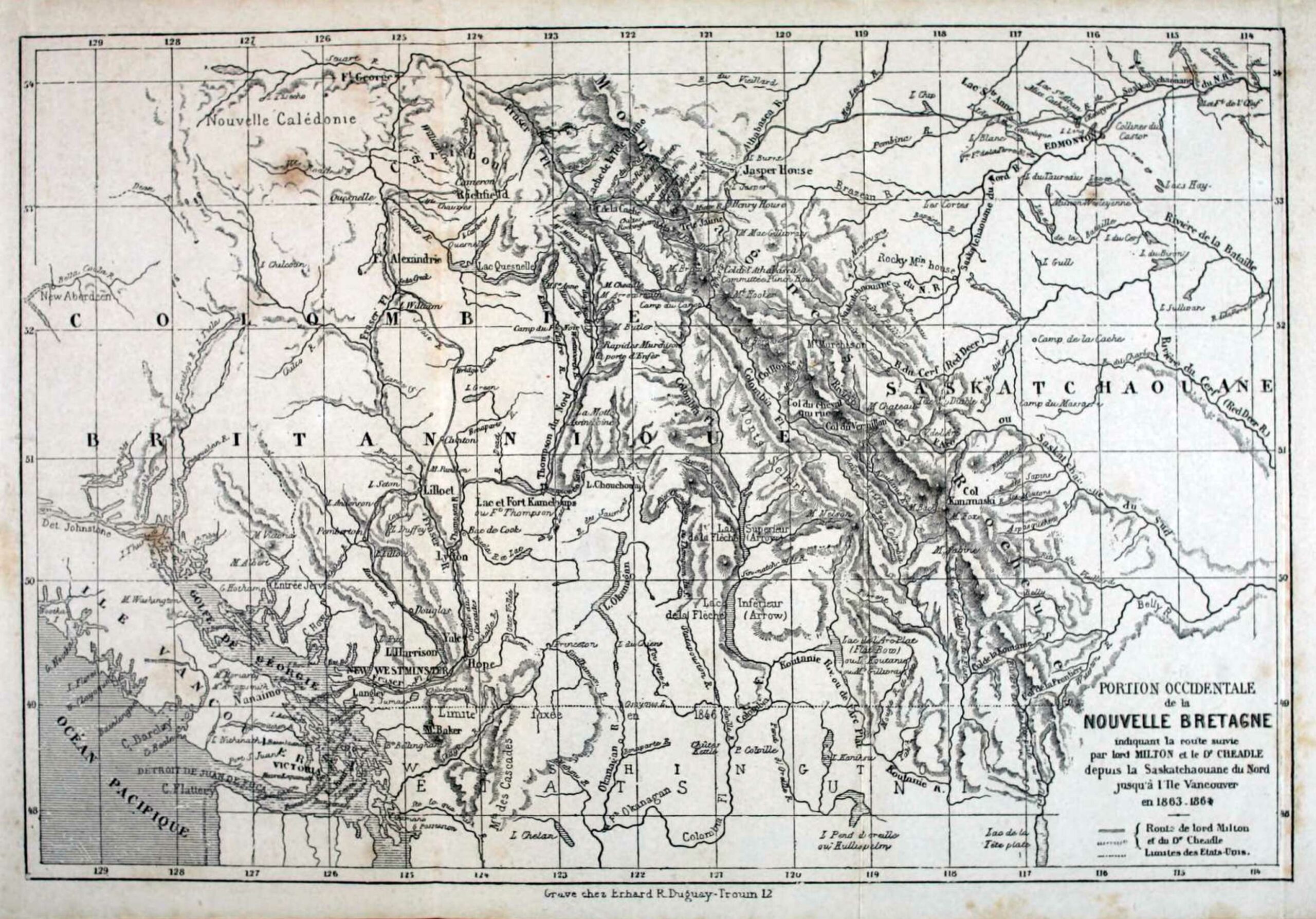Portion Occidentale de la Nouvelle Bretagne indiquant la route survie par lord Milton et le Dr Cheadle