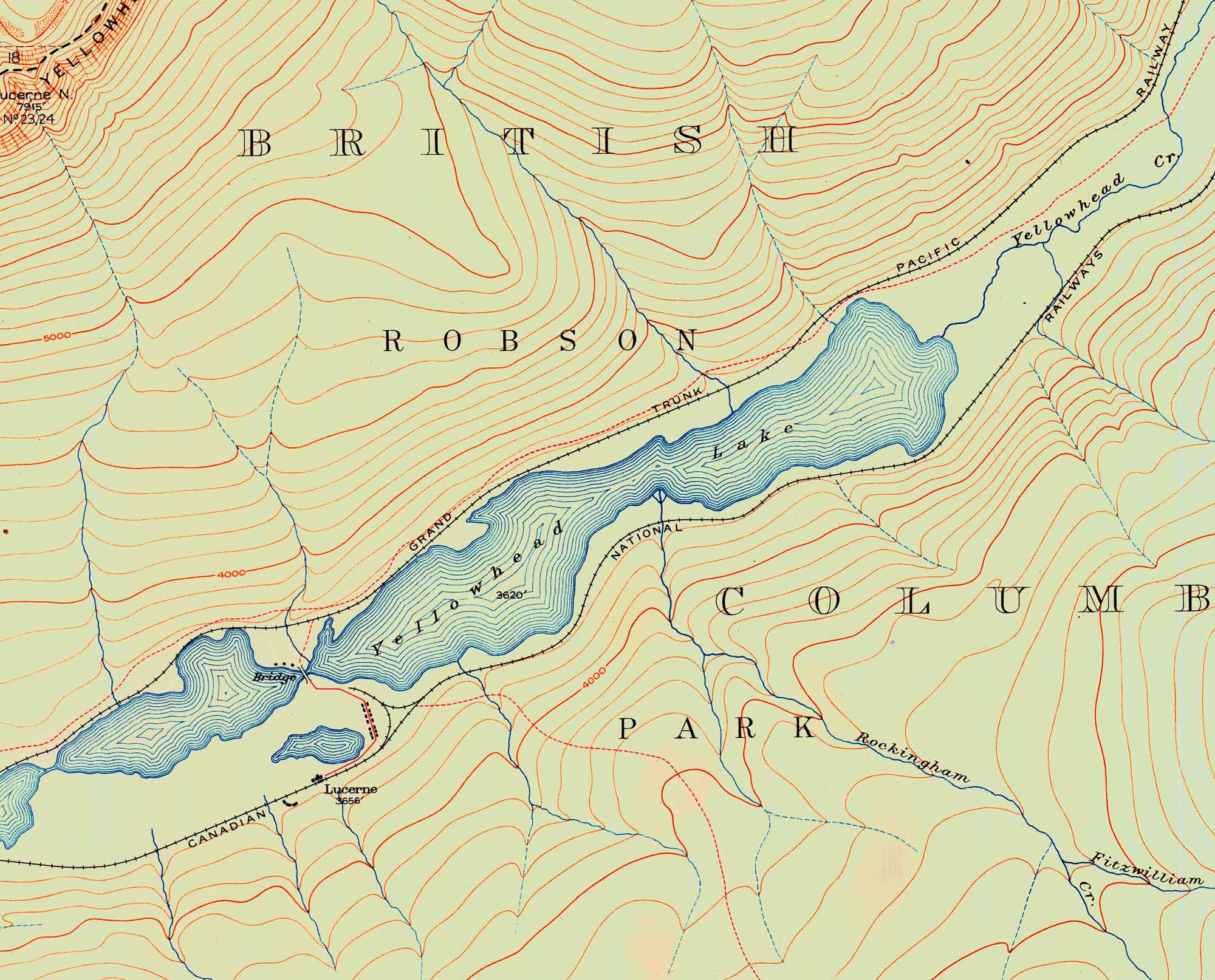 Yellowhead Lake. Surveyed in 1917. Boundary between Alberta and British Columbia. Detail.