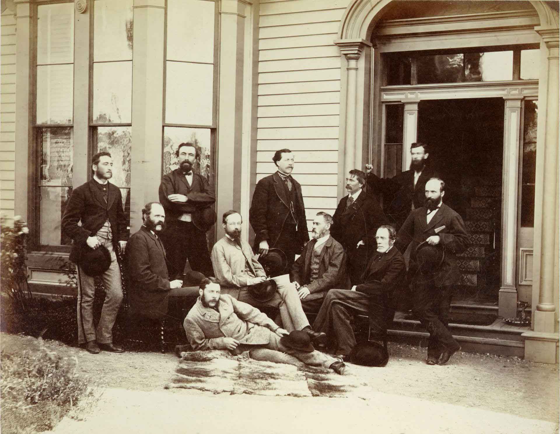 The First Canadian Pacific R.R. and Geological Survey parties for British Columbia, July 22 1871 Left to right : L. N. Rheaumis, Roderick McLennan, A. S. Hall, West West Ireland, Alfred Selwyn, Alex Maclennan, Walter Moberly, C. E. Gilette, James Richardson, -- -- McDonald, George Watt.