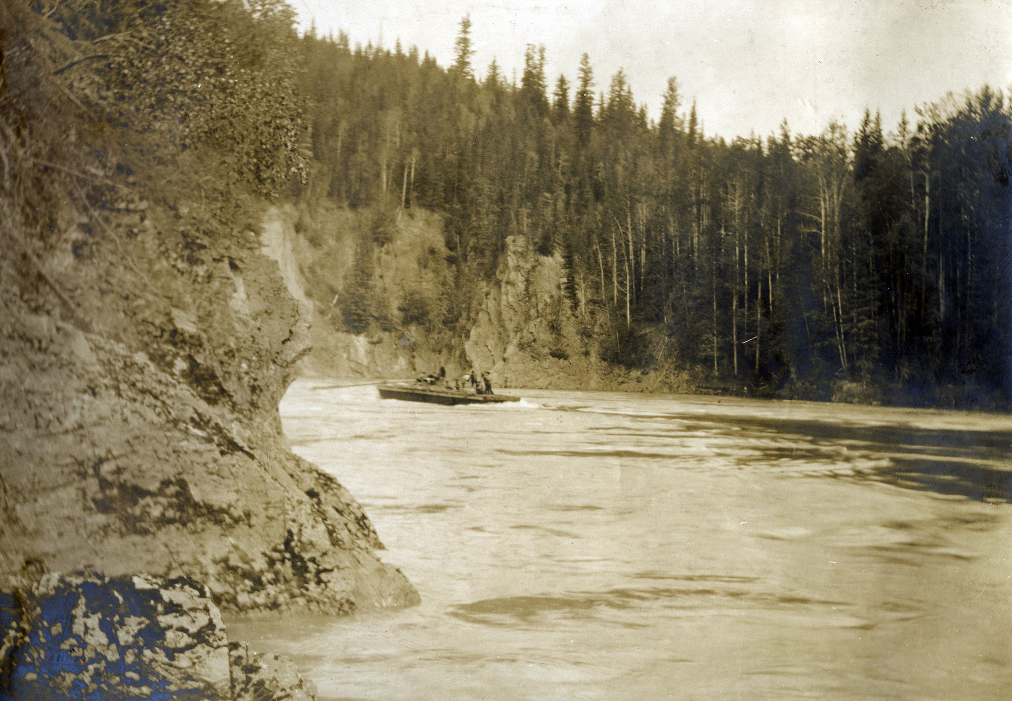 Grand Trunk Pacific survey supplies being freighted through the Grand Canyon of the Fraser River. Arthur H. Holland, 1907