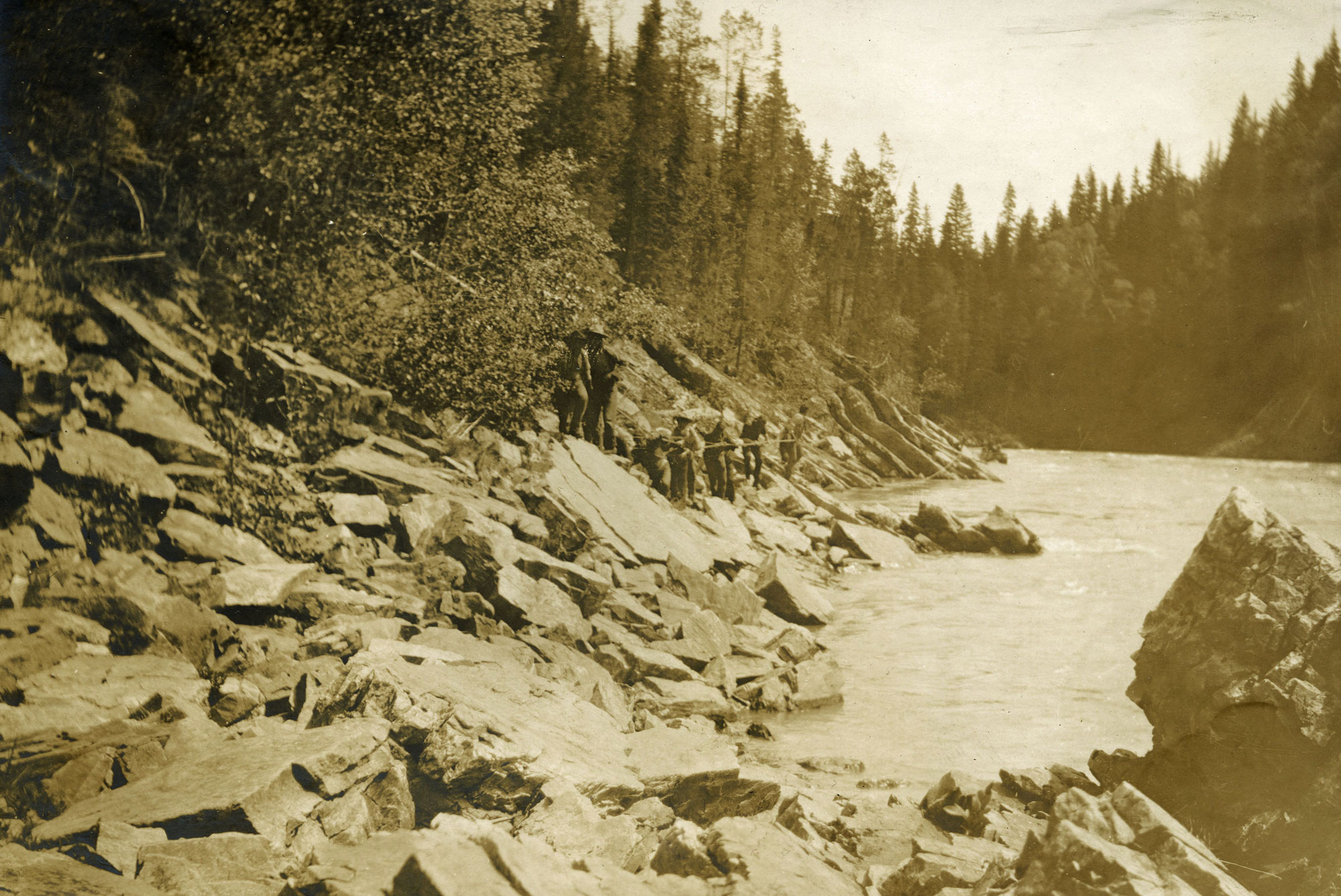 Grand Trunk Pacific survey supplies being freighted through the Grand Canyon of the Fraser River. Arthur H. Holland, 1907