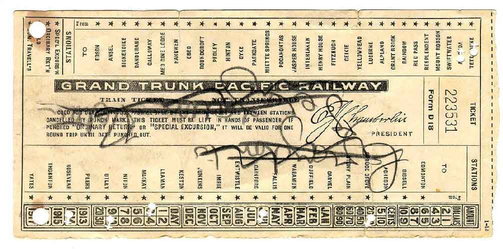 Grand Trunk Pacific Railway train ticket, June 30, 1914