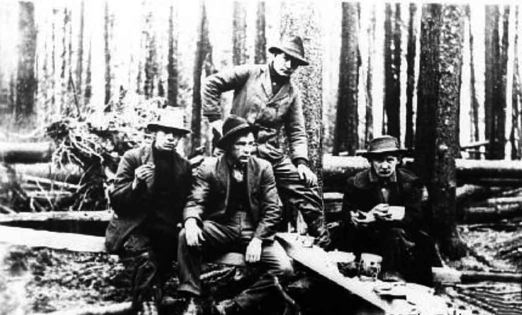 Grand Trunk Pacific Railway topographical crew of Elliot, Semple, Anderson, and McIntosh at an improvised table in the woods, 1912 (P986.5.80)