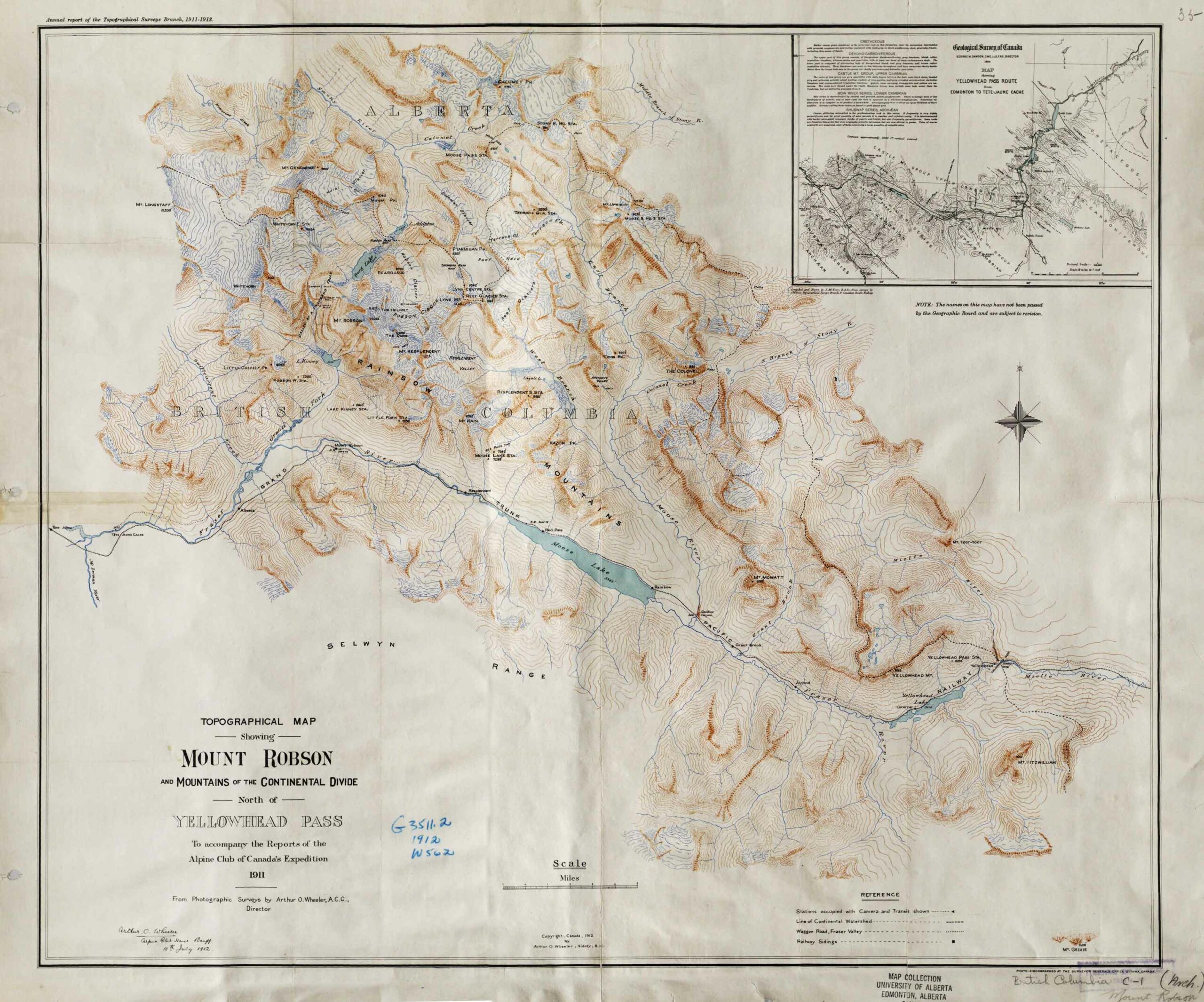 Topographical Map Showing Mount Robson and Mountains of the Continental Divide North of Yellowhead Pass. Arthur O. Wheeler, 1912