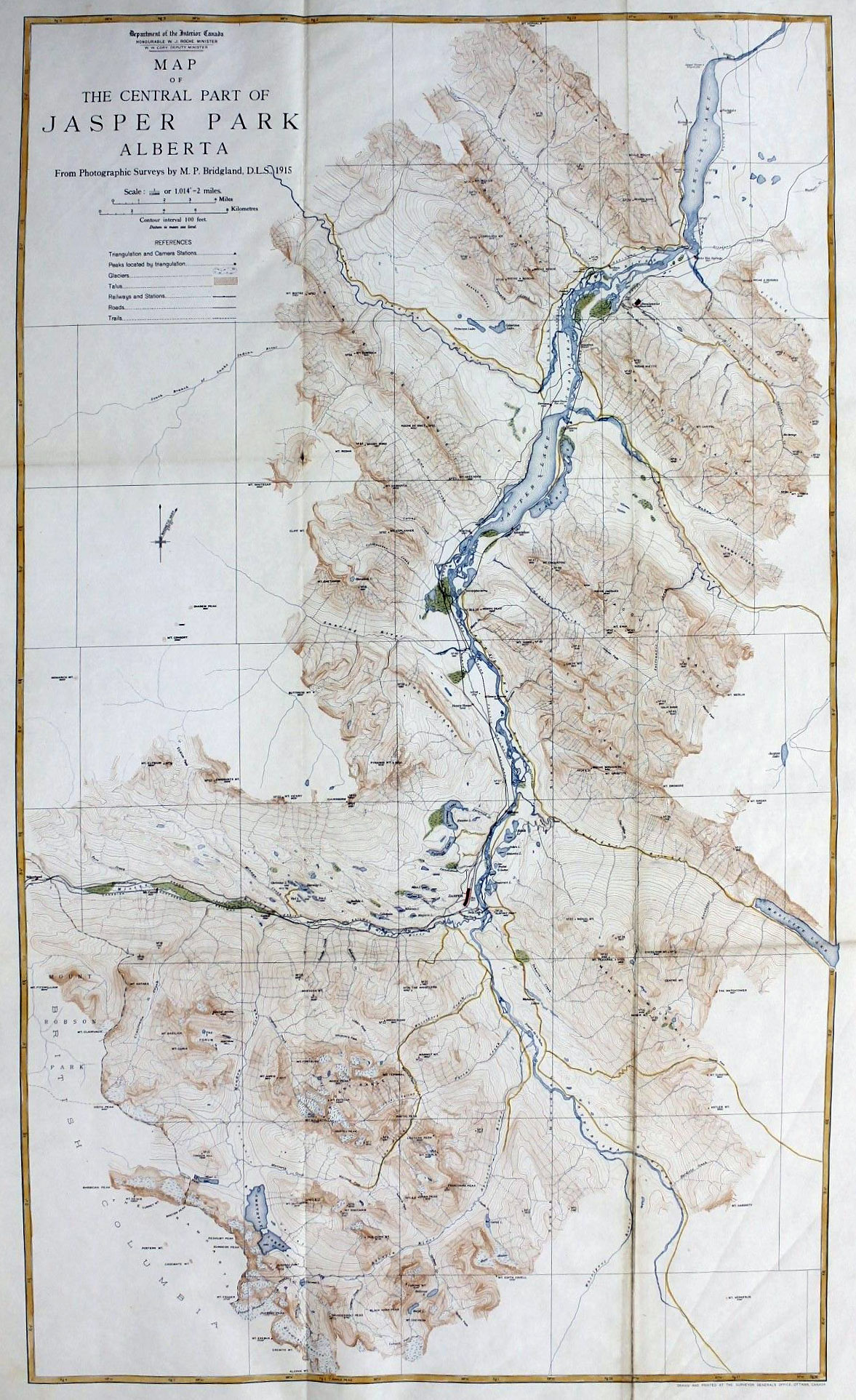 Map of Central Part of Jasper Park, Alberta
Department of the Interior Canada
Based on photographic surveys by M. P. Bridgland, D.L S., in 1915