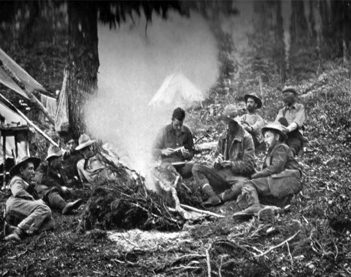 Camp on Calumet Creek, below Moose Pass. James Shand-Harvey, George Kinney, Conrad Kain, Donald