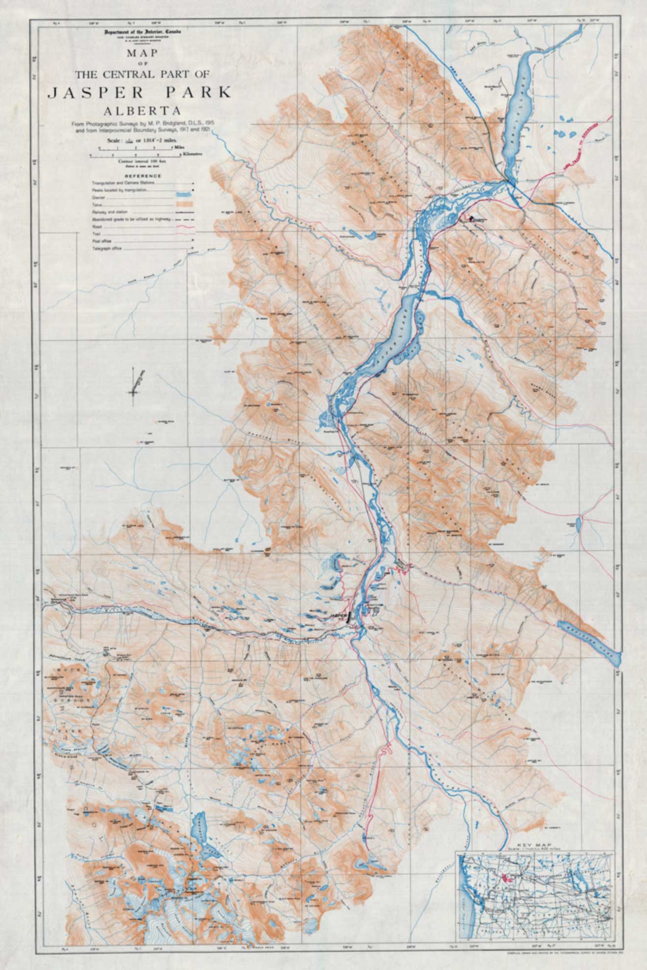 Map of Central Part of Jasper Park, Alberta Topographical Survey of Canada, Ottawa, 1923